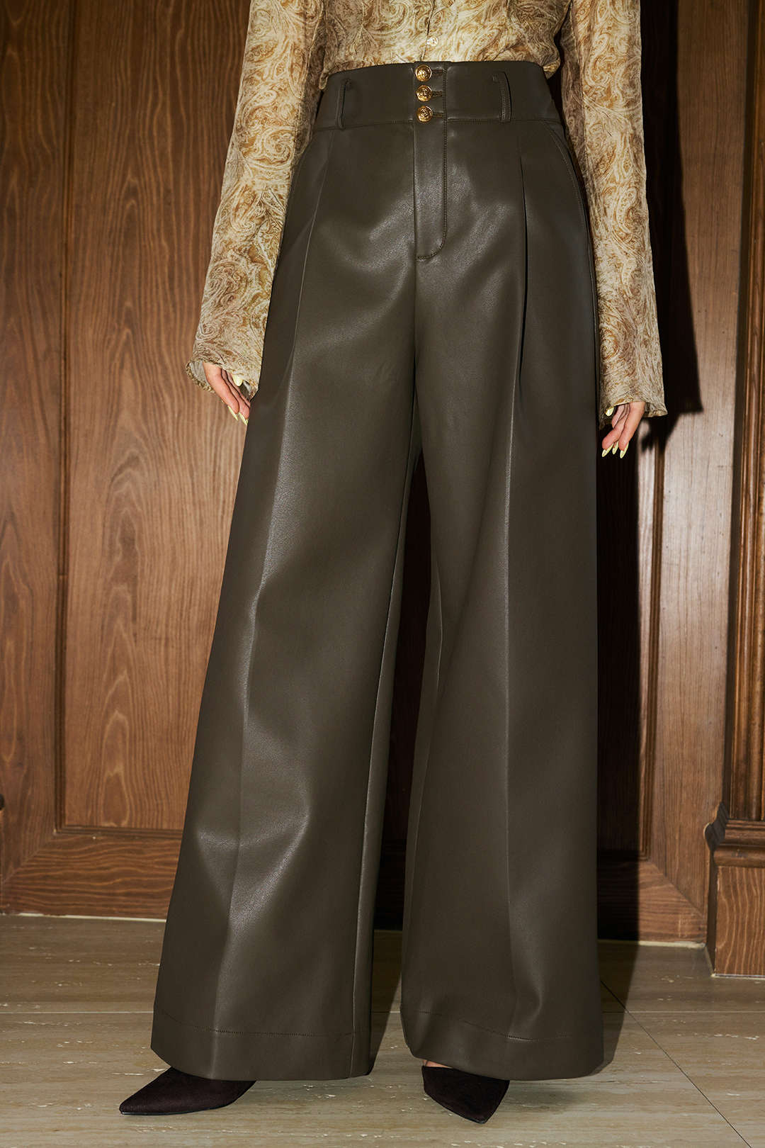 Faux Leather Metallic Button Straight Leg Trousers - Image 2
