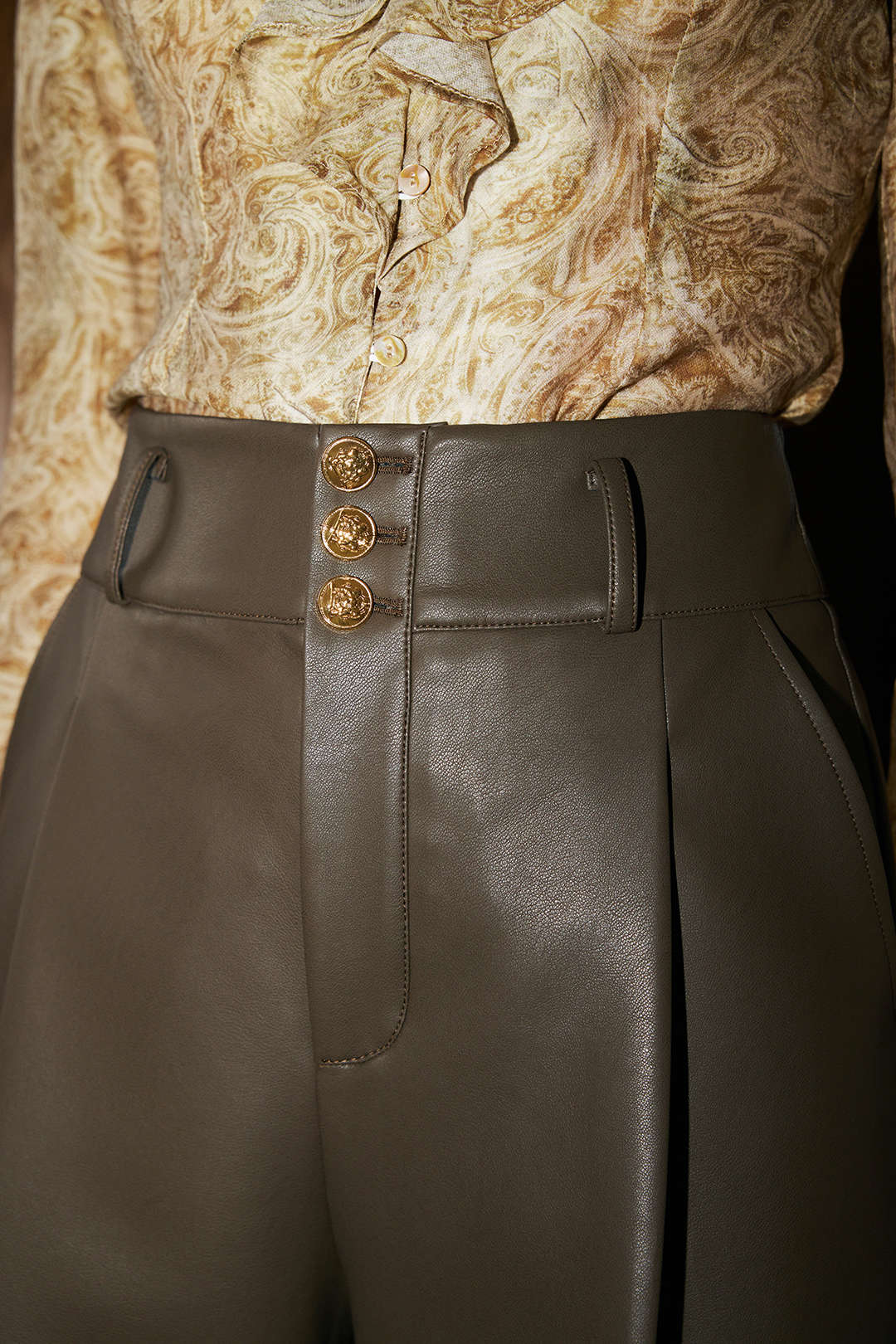 Faux Leather Metallic Button Straight Leg Trousers - Image 3