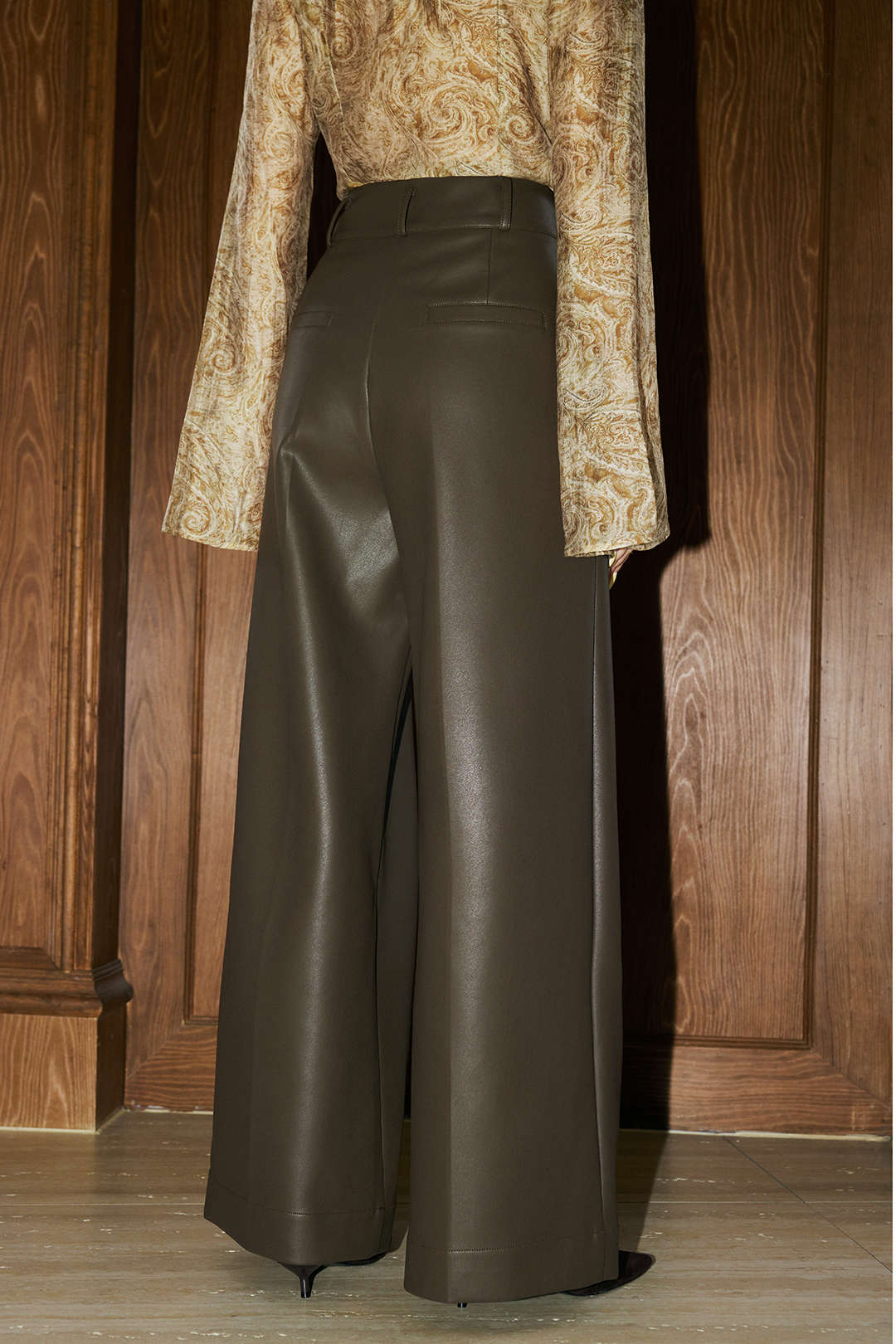 Faux Leather Metallic Button Straight Leg Trousers - Image 4
