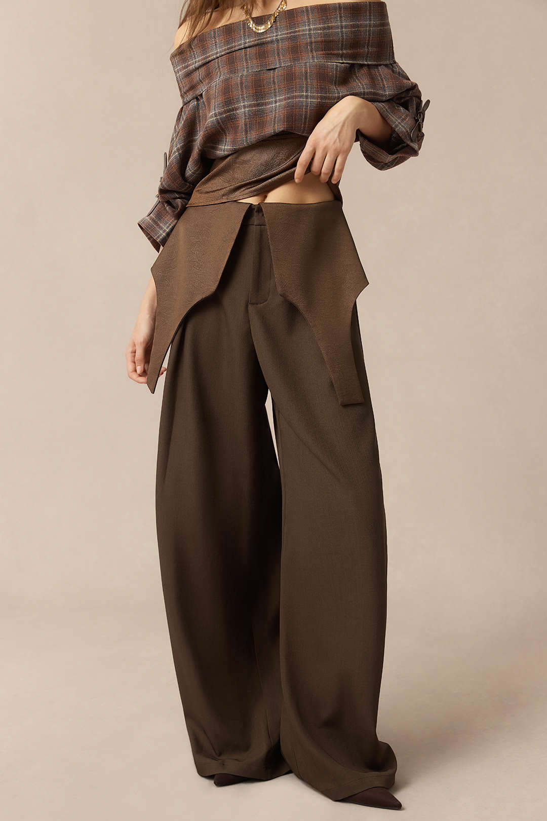 Satin Patchwork Zipper Barrel Trousers - Image 6