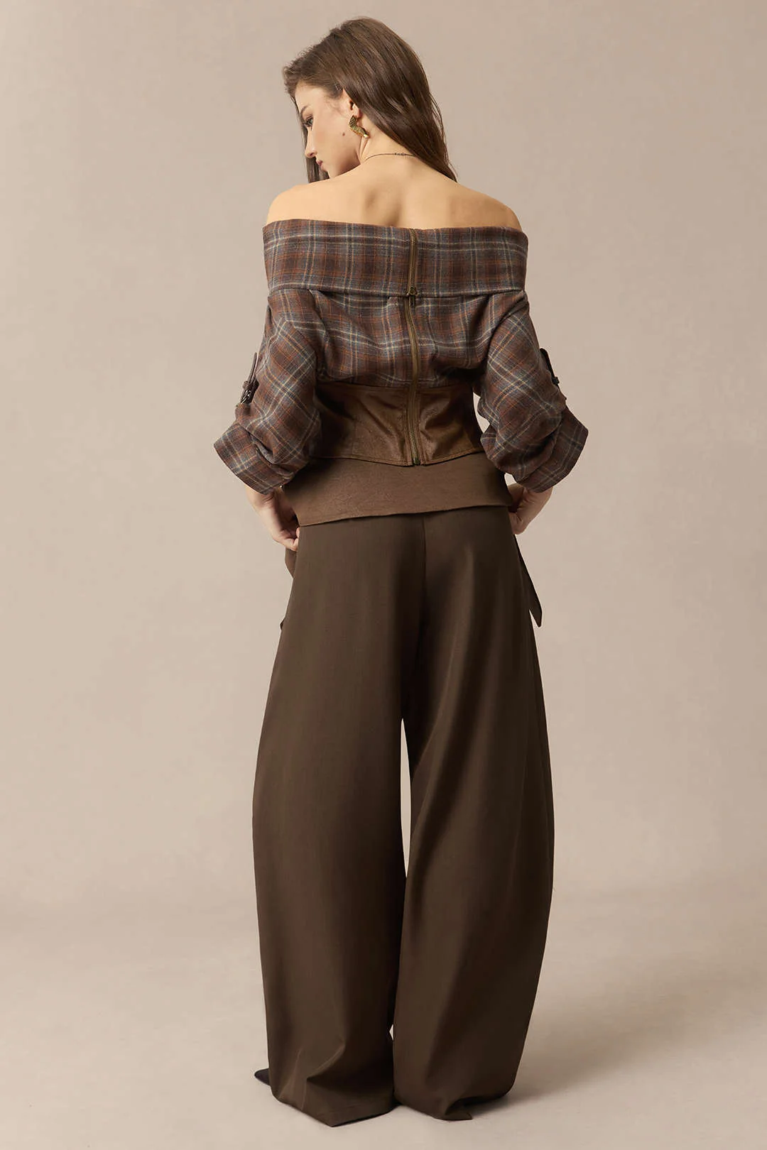 Satin Patchwork Zipper Barrel Trousers - Image 8