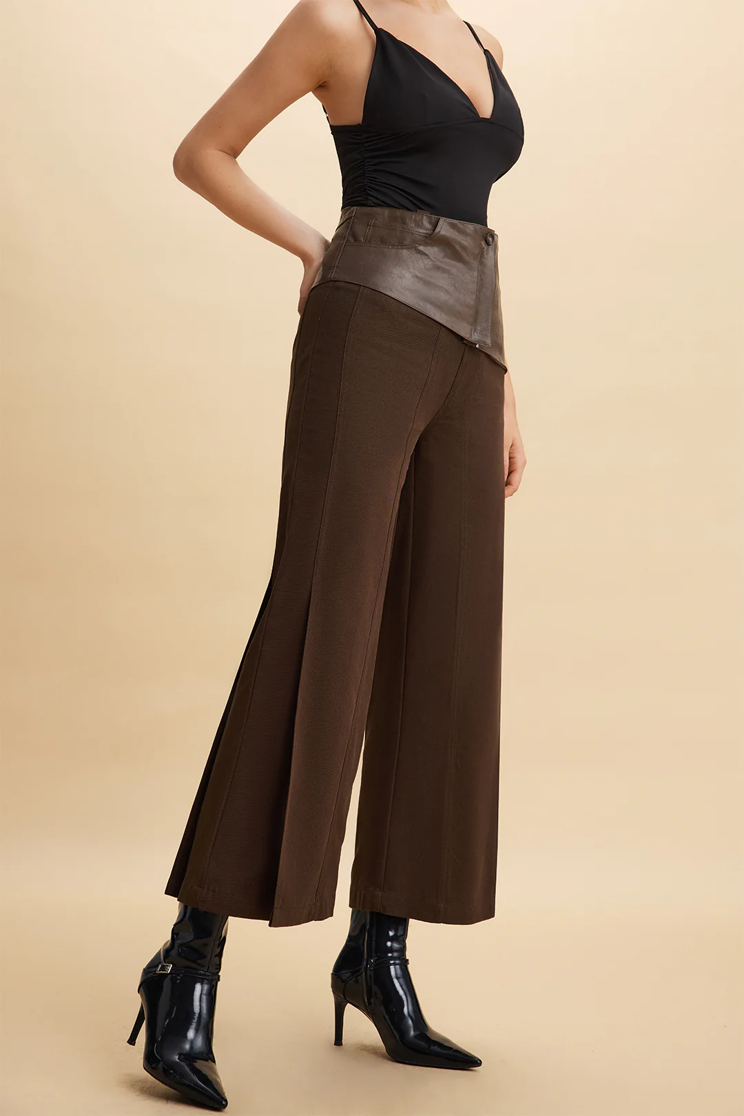 Faux Leather Patchwork Zipper Pocket Trousers - Image 5