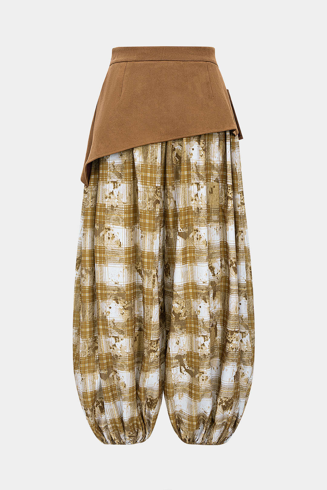 Plaid Print Shirred Waistband Patchwork Button Asymmetrical Lantern Trousers - Image 2