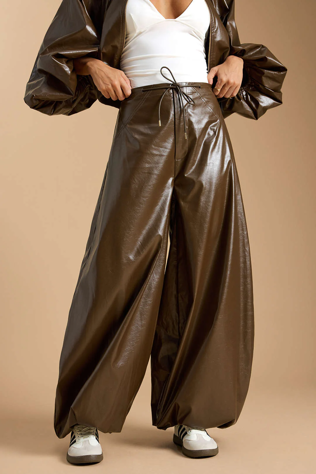 Faux Leather Tie-Up Lantern Trousers - Image 3