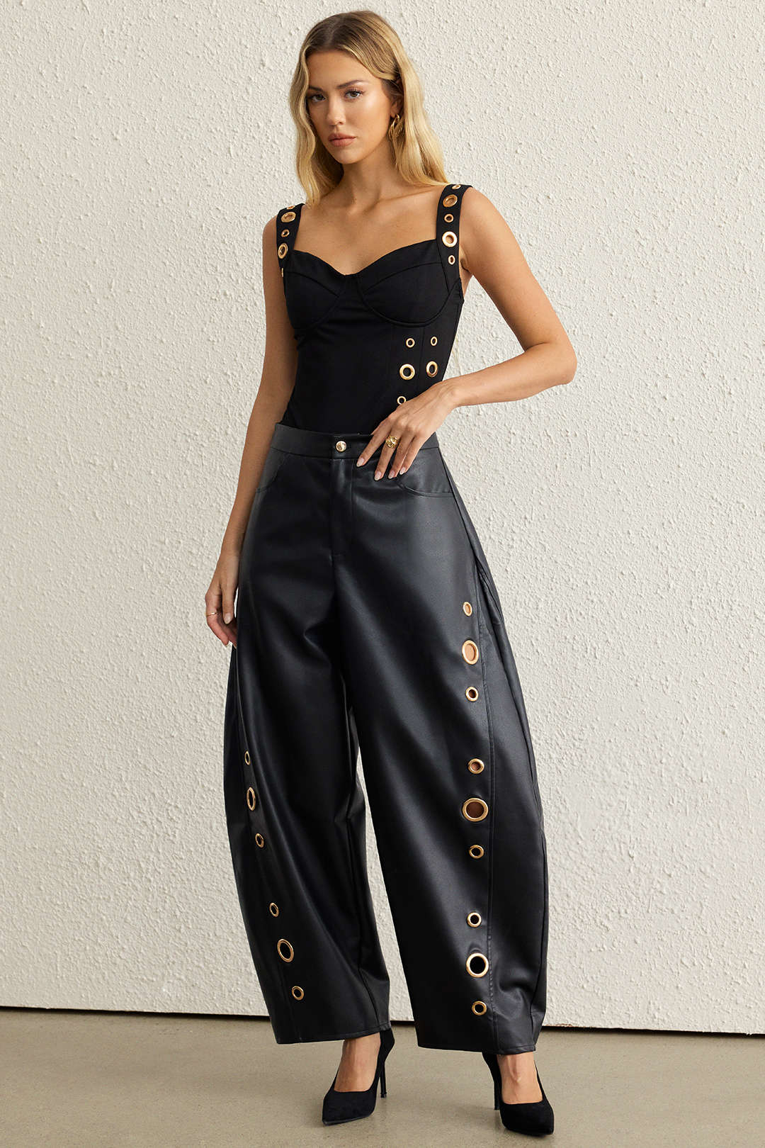 Faux Leather Metallic Zipper Hollow Out Ring Trousers - Image 5