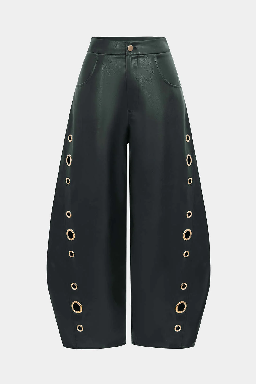 Faux Leather Metallic Zipper Hollow Out Ring Trousers - Image 9