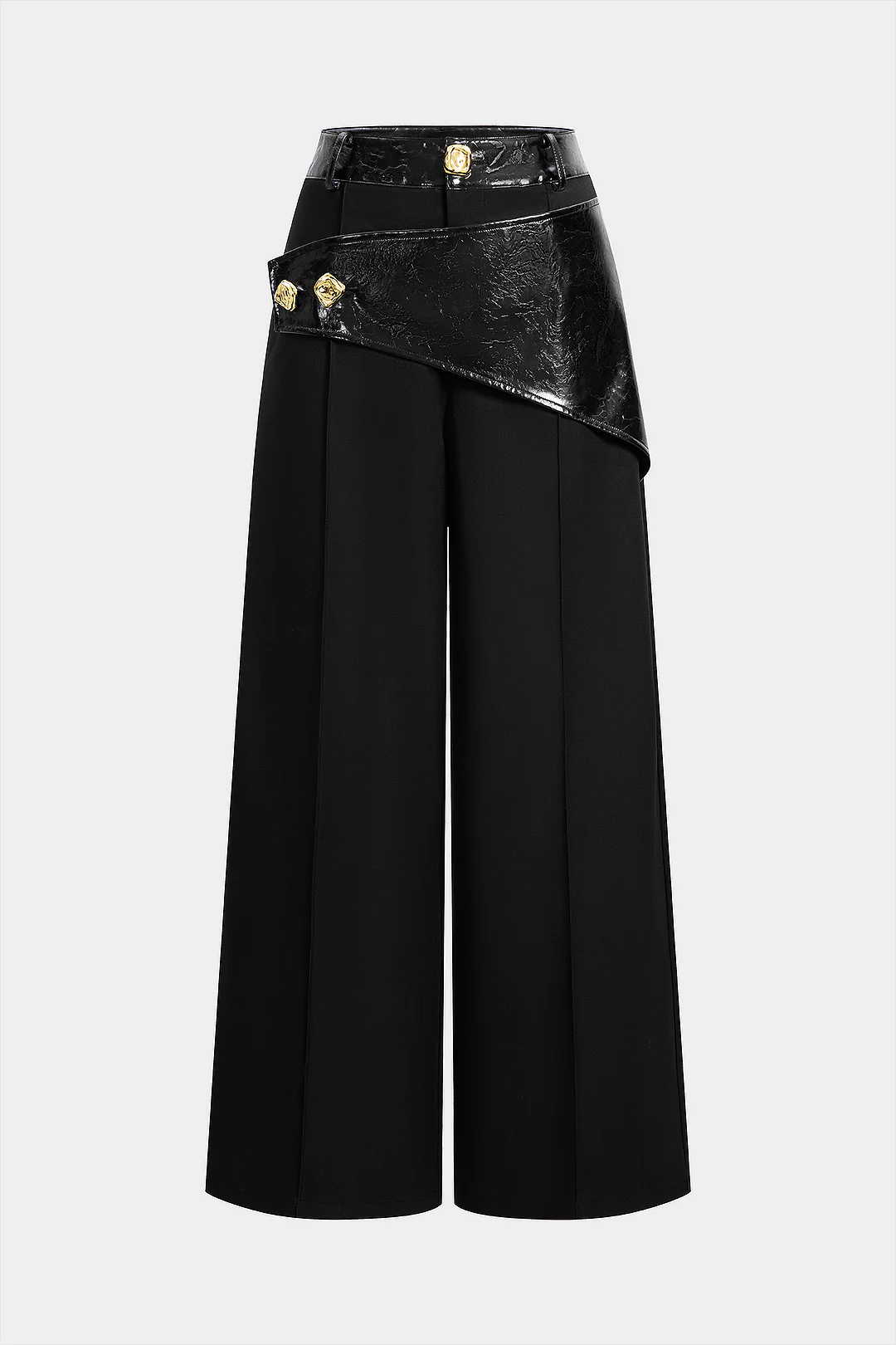 Faux Leather Patchwork Asymmetrical Metallic Button Wide Leg Pants - Image 5
