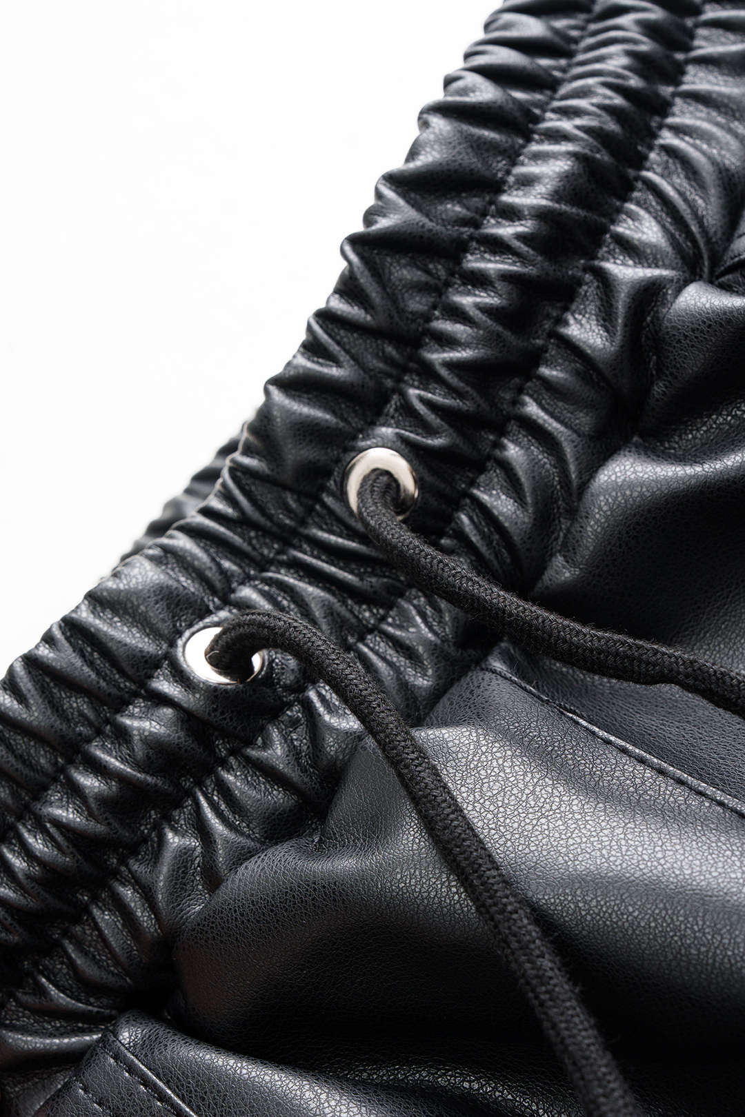 Faux Leather Shirred Waistband Drawstring Wide Leg Pants - Image 3