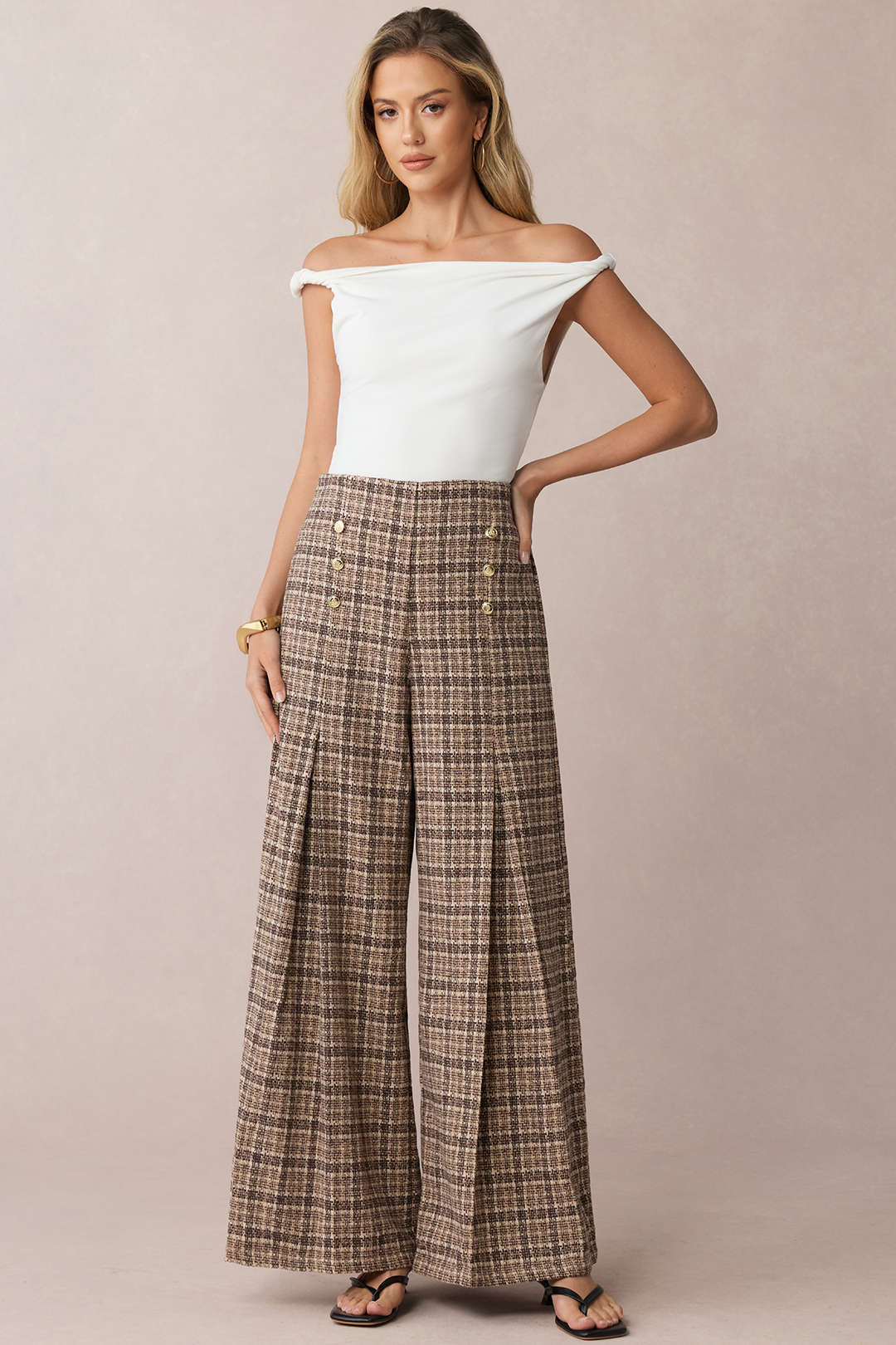 Plaid Print Double Breasted High Waist Pants - Image 9