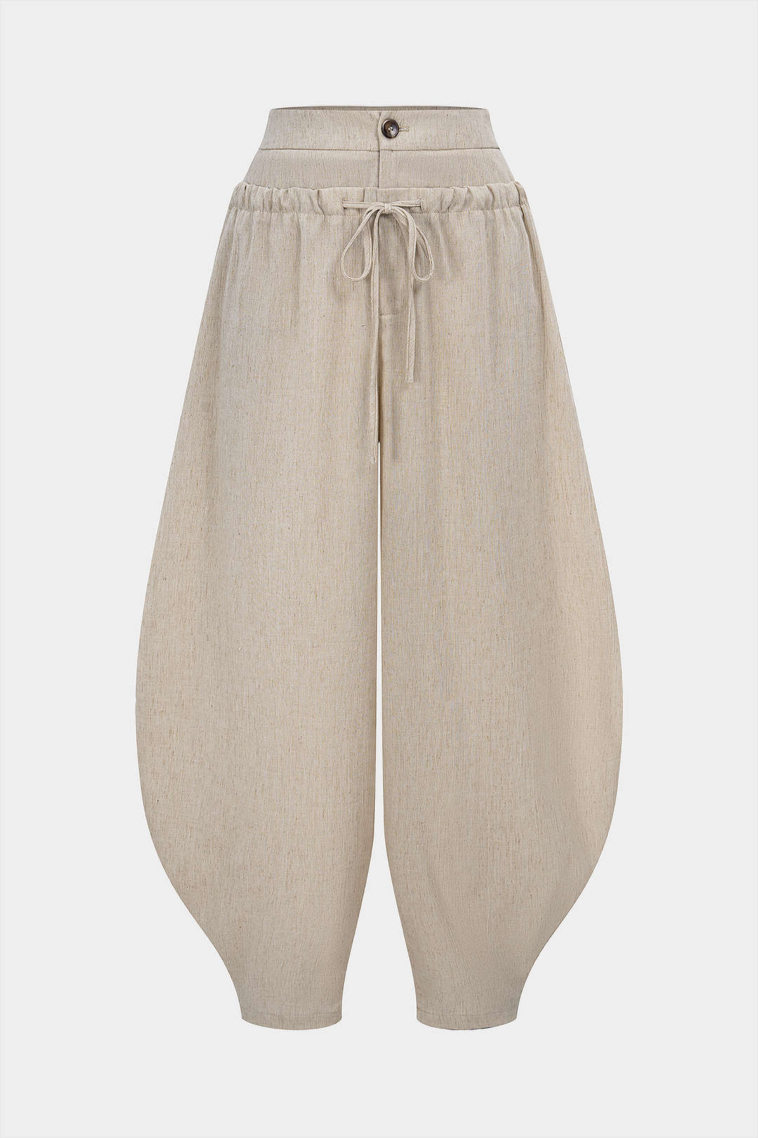 Linen Tie-Up Double Waistband Ruched Pants