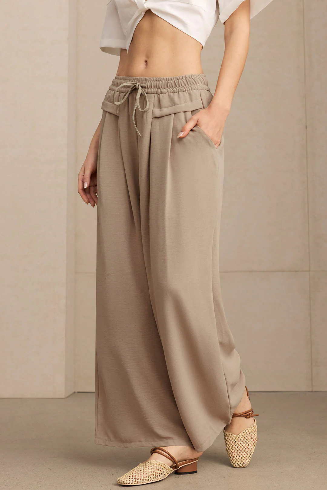 Drawstring Shirred Waistband Wide Leg Pants