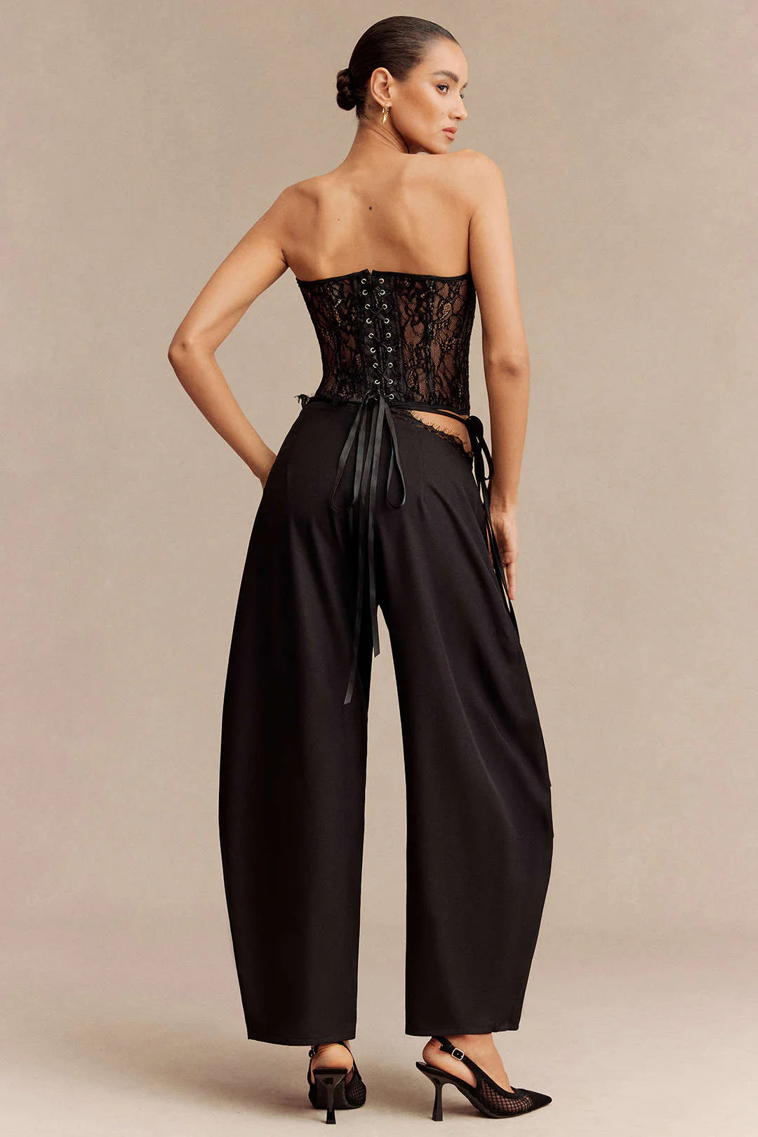 Lace Trim Tie Asymmetrical Wide Leg Pants - Image 10