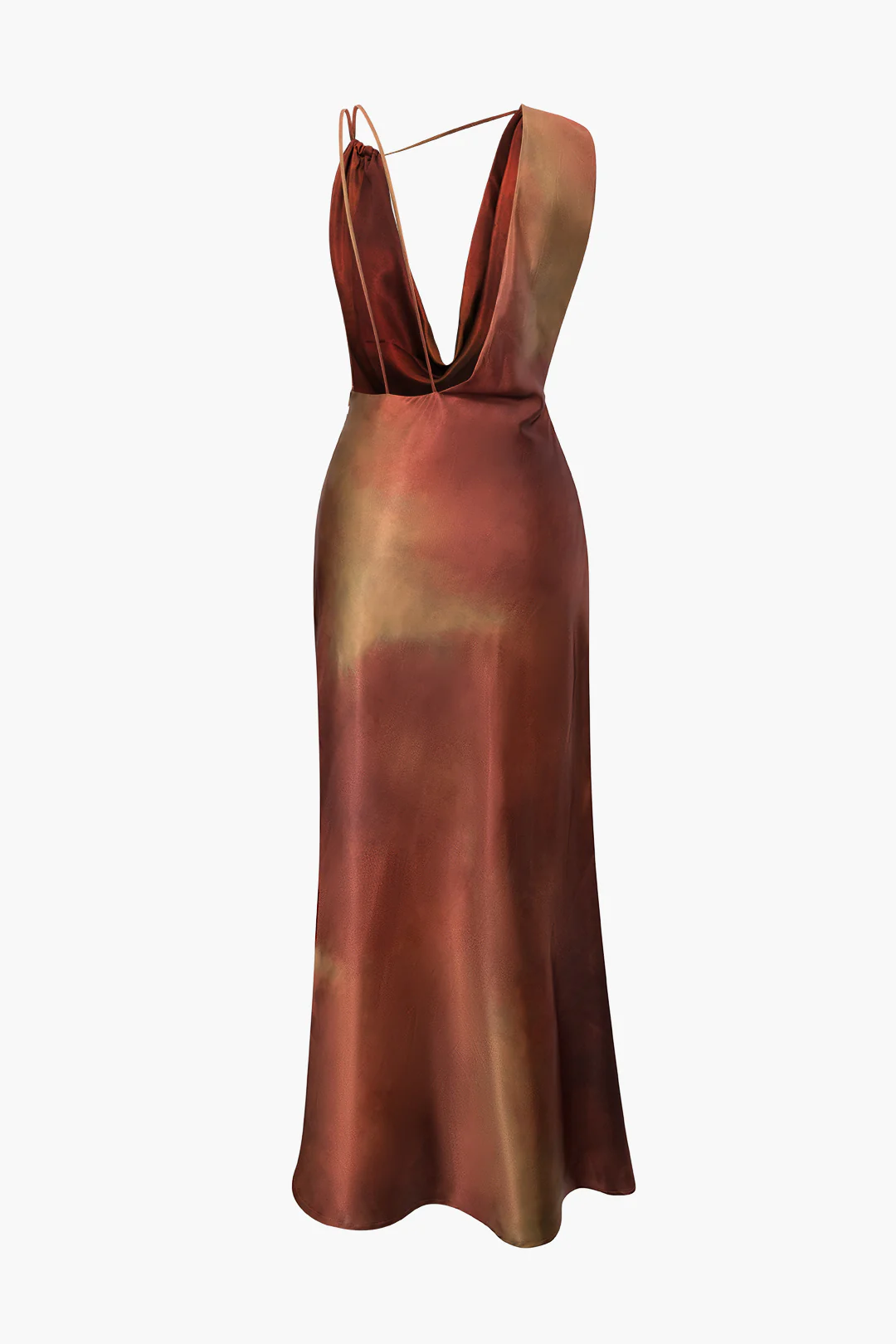 Tie Dye Asymmetric Cowl Neck Satin Maxi Dress - Image 2