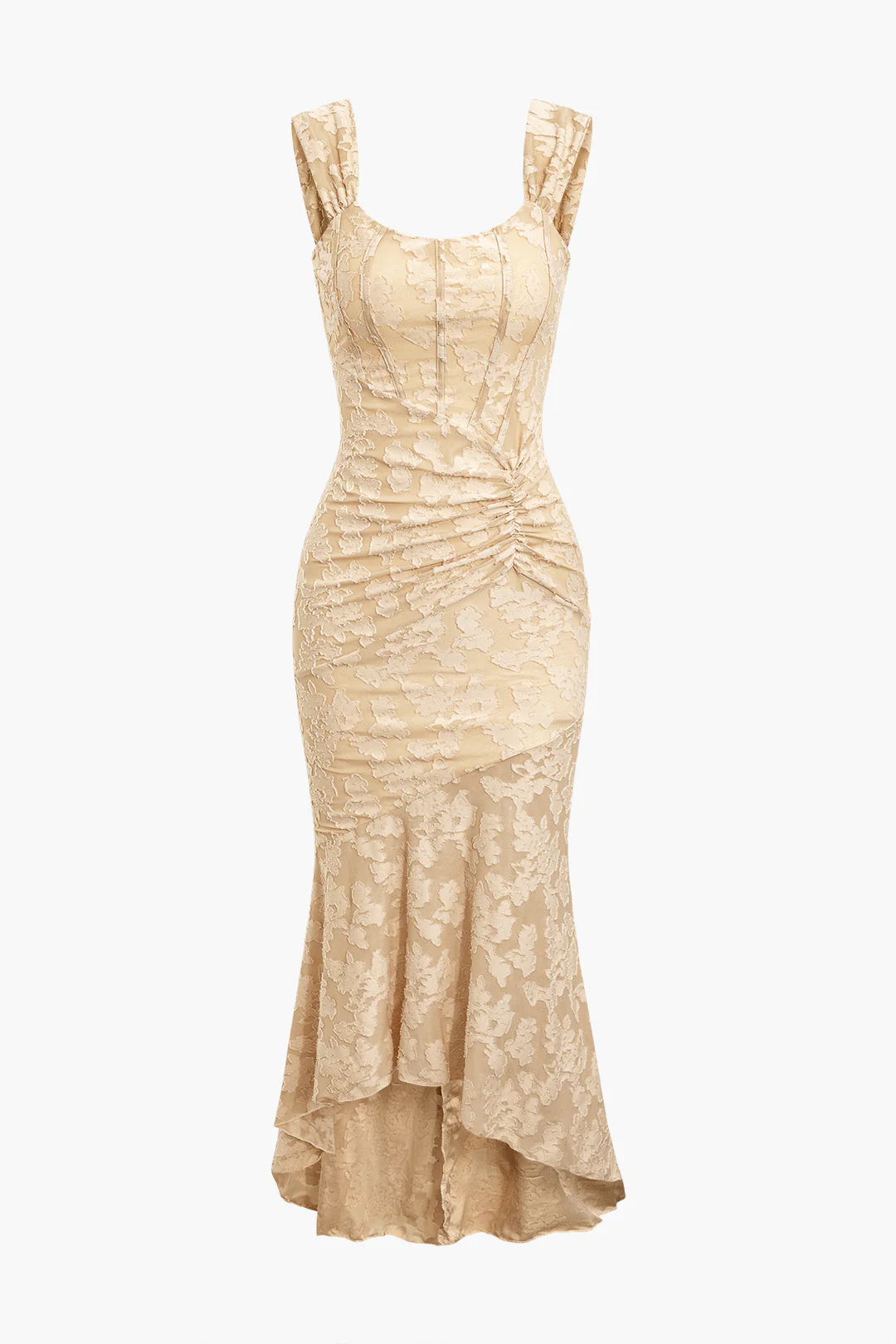 Floral Pattern Asymmetrical Hem Ruched Mermaid Sleeveless Midi Dress - Image 3