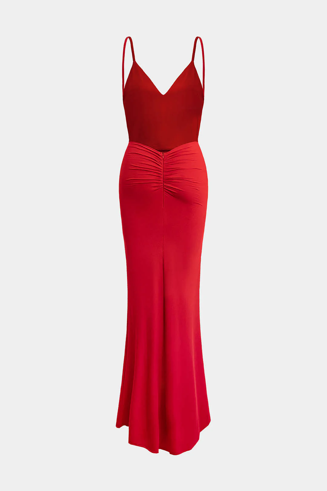 Solid V-Neck Ruched Backless Sleeveless Maxi Dress - Image 2