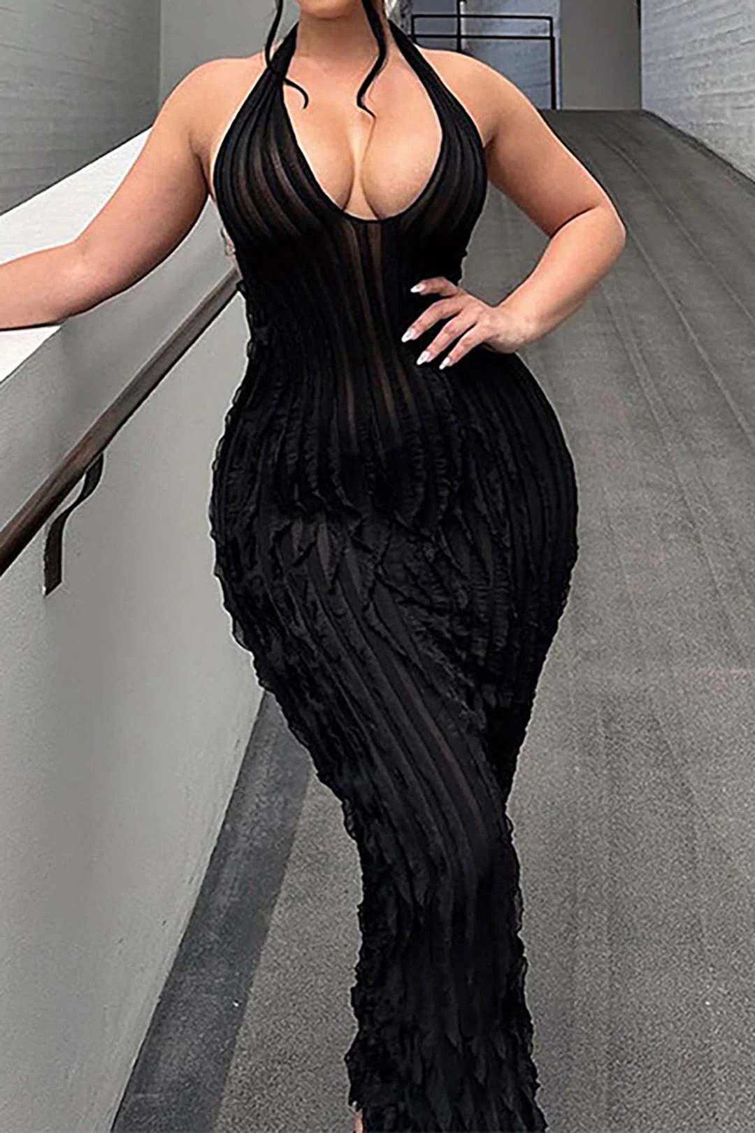 Sheer Ruffle Texture Halter Backless Maxi Dress - Image 13