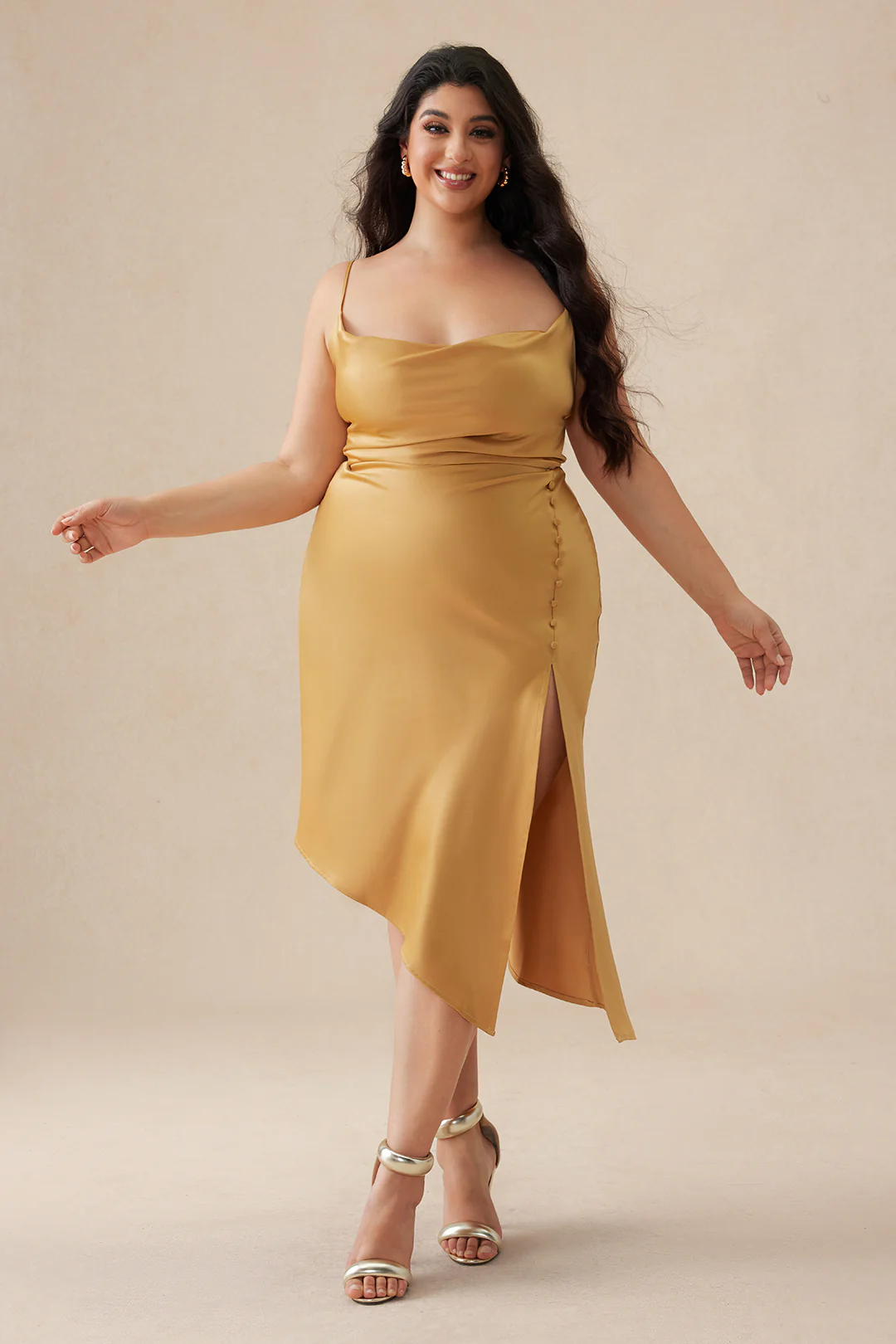 Plus Size Solid Button Draped Cowl Neck Midi Dress - Image 3