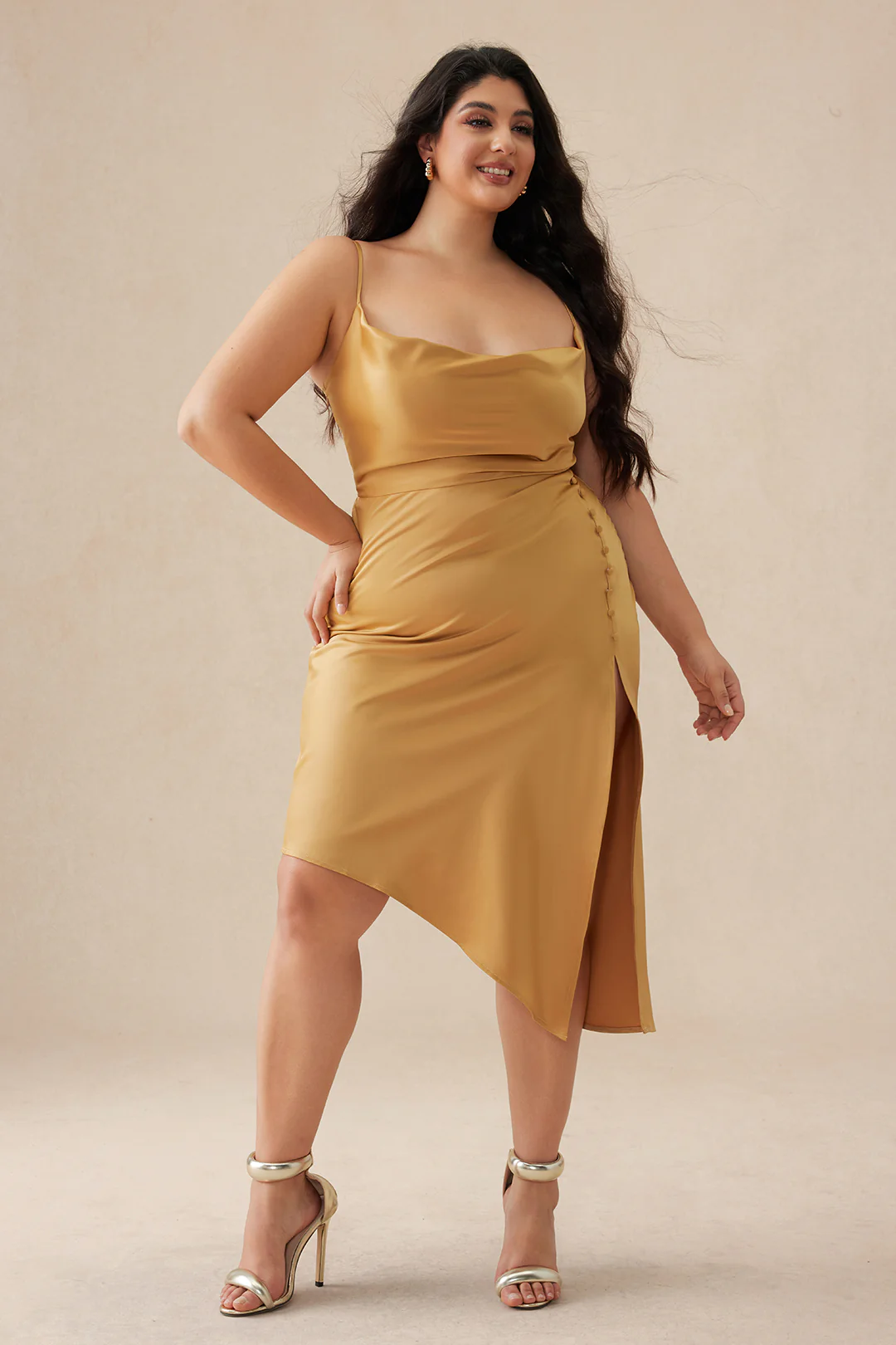 Plus Size Solid Button Draped Cowl Neck Midi Dress - Image 4