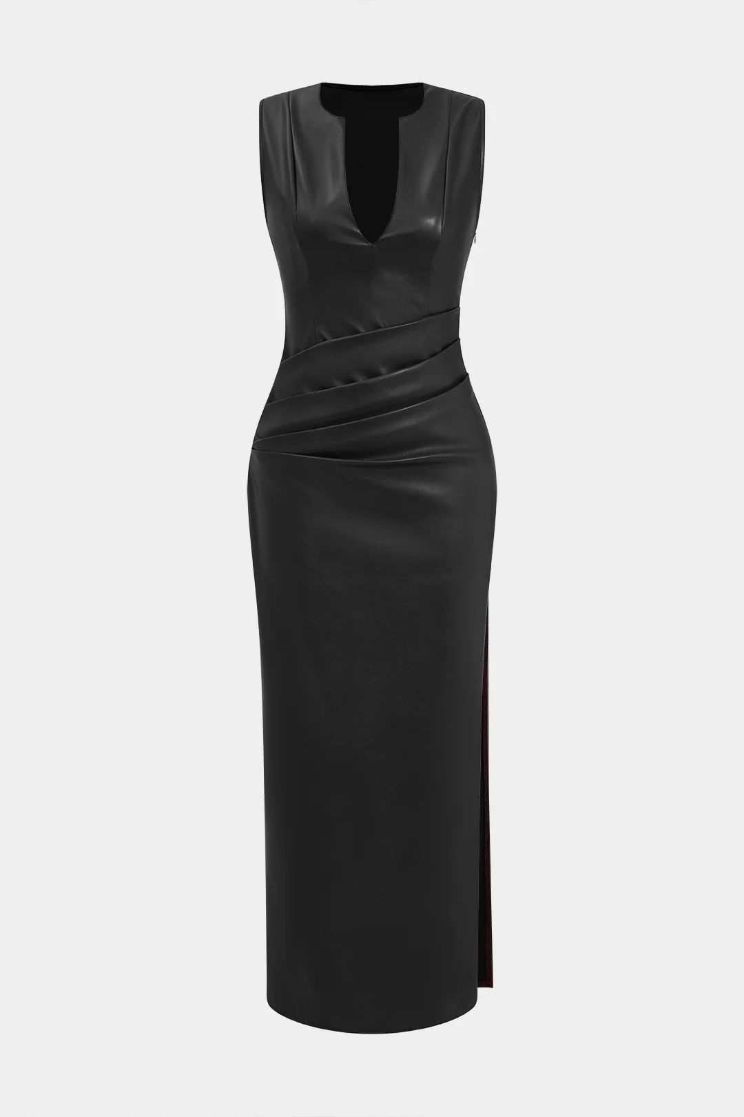 Faux Leather V-neck Ruched Maxi Dress - Image 4