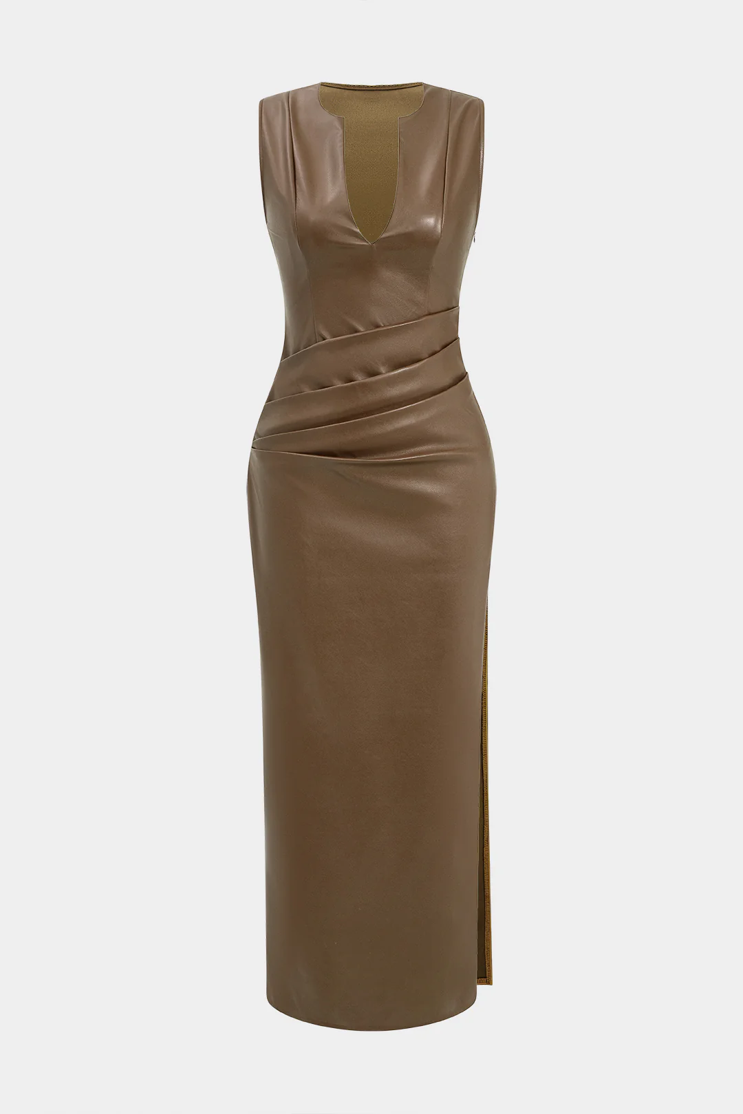 Faux Leather V-neck Ruched Maxi Dress - Image 6