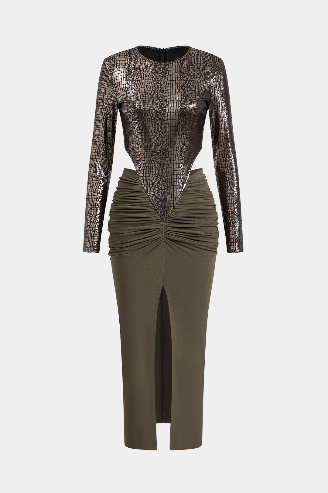 Faux Leather Patchwork Long Sleeve Maxi Dress - Image 5
