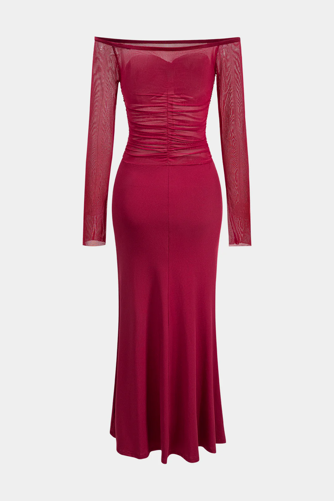 Mesh Patchwork Off Shoulder Ruched Long Sleeve Maxi Dress - Image 2