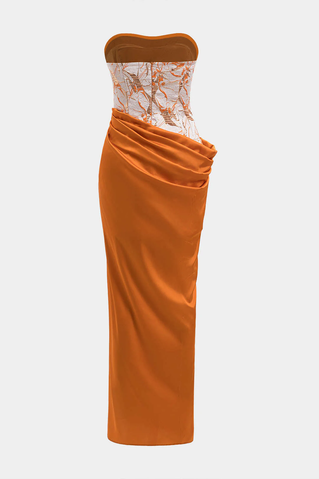 Satin Jacquard Patchwork Ruched Strapless Sleeveless Maxi Dress - Image 2