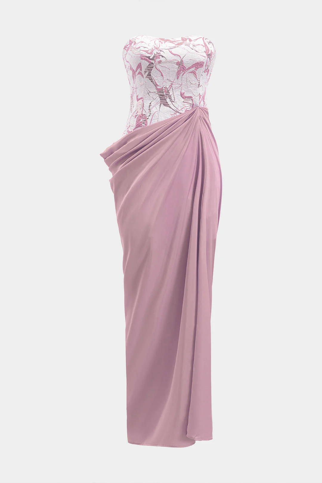 Satin Jacquard Patchwork Ruched Strapless Sleeveless Maxi Dress - Image 7