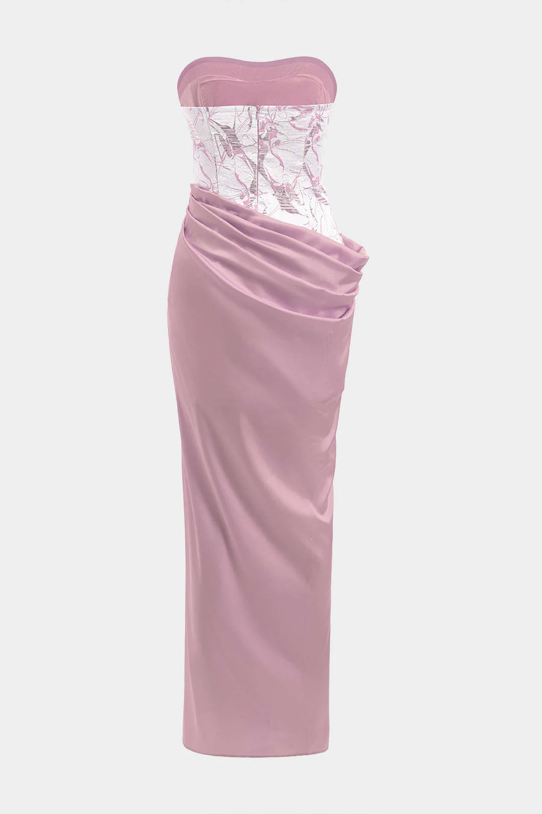 Satin Jacquard Patchwork Ruched Strapless Sleeveless Maxi Dress - Image 8