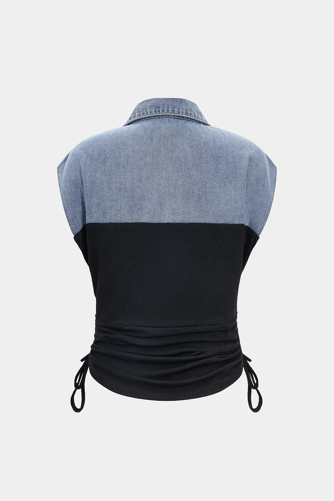 Denim Drawstring Patchwork Crop Top - Image 2