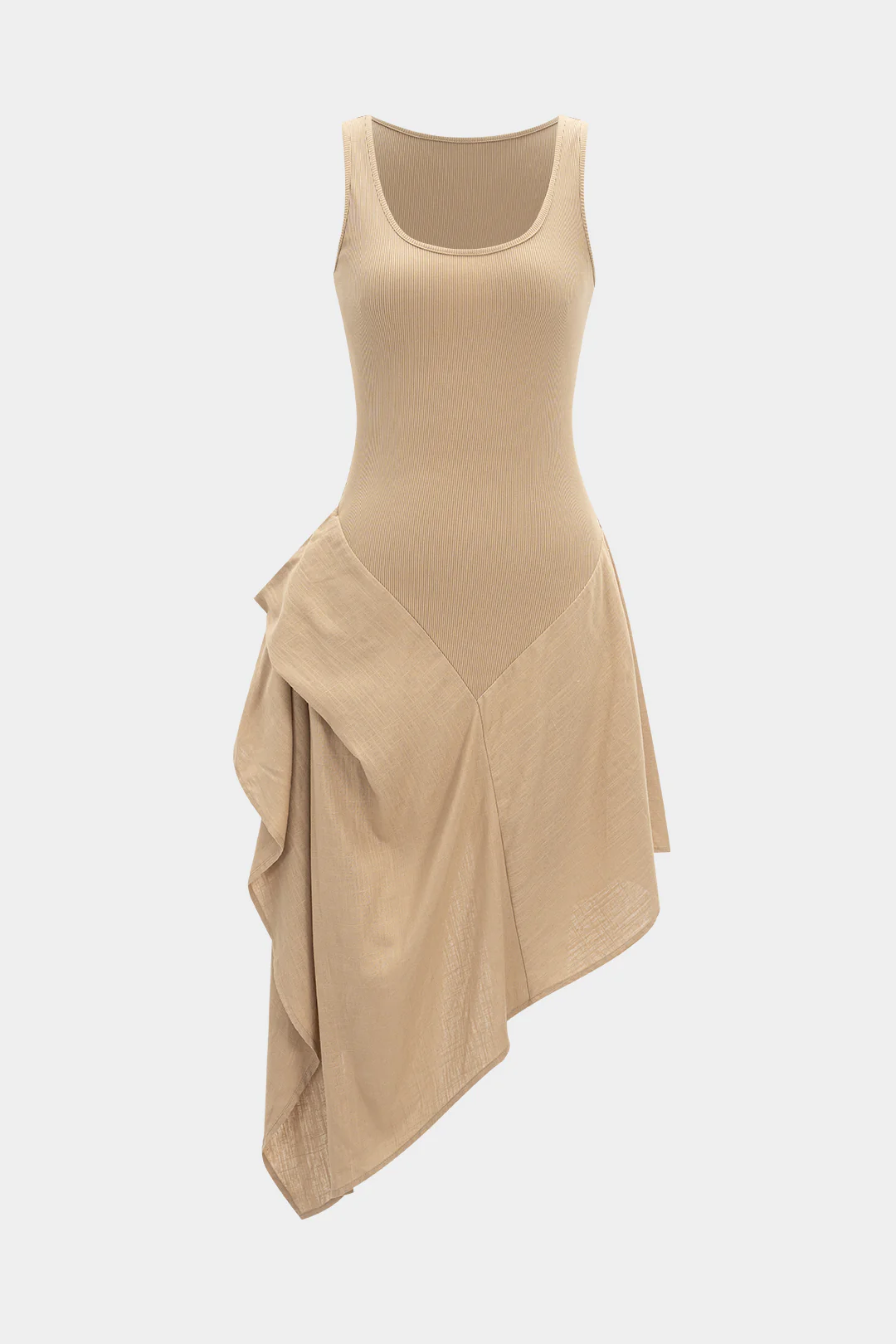 Linen Patchwork Ruched Asymmetrical Sleeveless Maxi Dress - Image 5