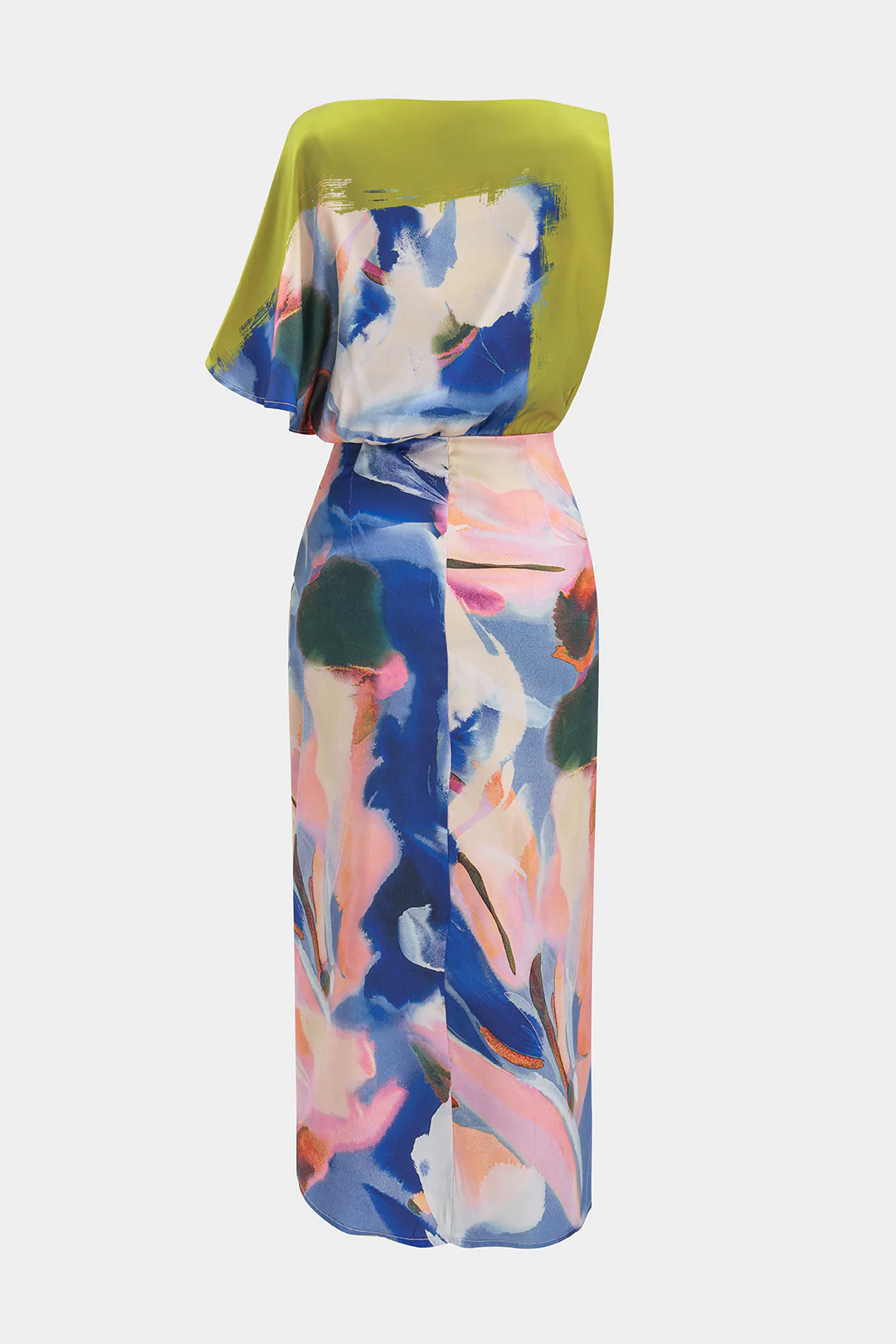 Abstract Print Satin Asymmetrical Short-Sleeve Maxi Dress - Image 2