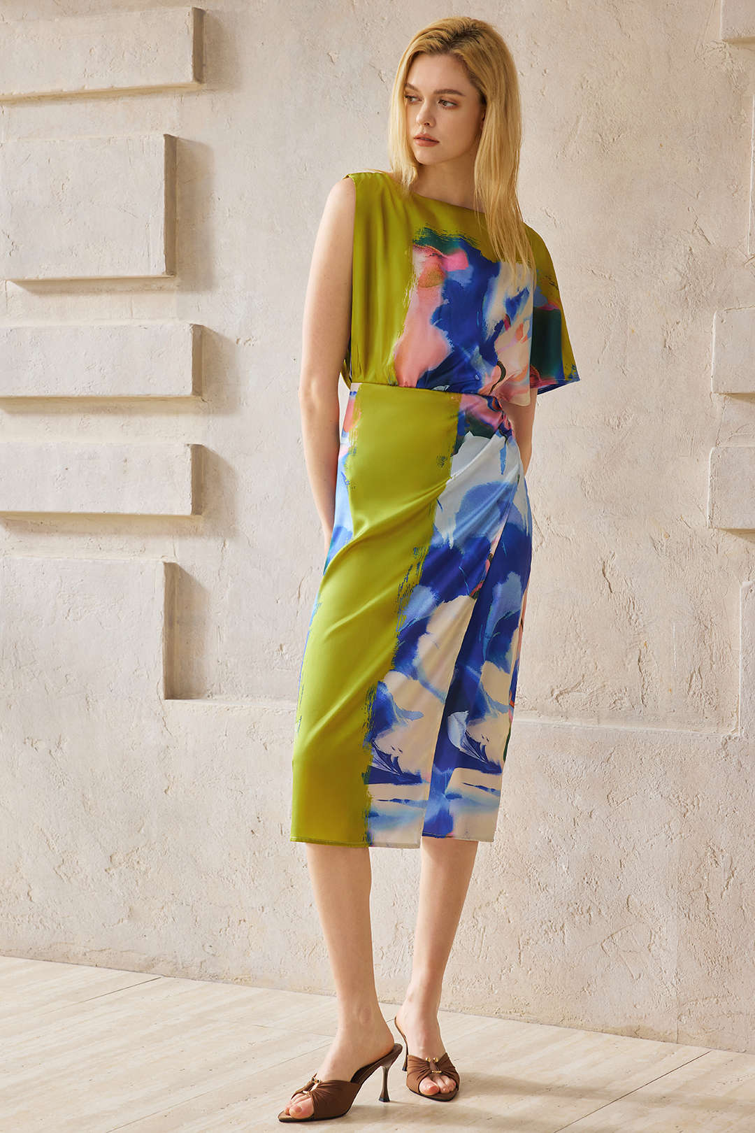 Abstract Print Satin Asymmetrical Short-Sleeve Maxi Dress - Image 4