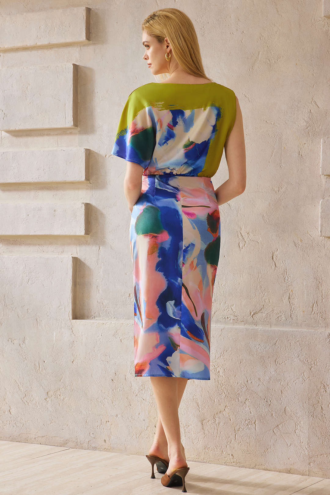 Abstract Print Satin Asymmetrical Short-Sleeve Maxi Dress - Image 5