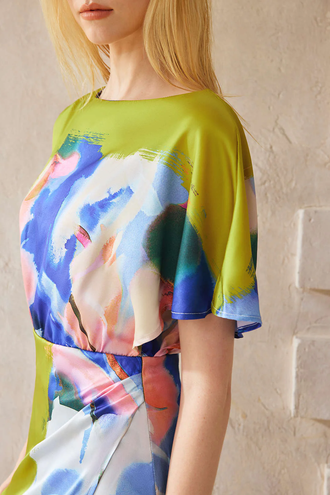 Abstract Print Satin Asymmetrical Short-Sleeve Maxi Dress - Image 6