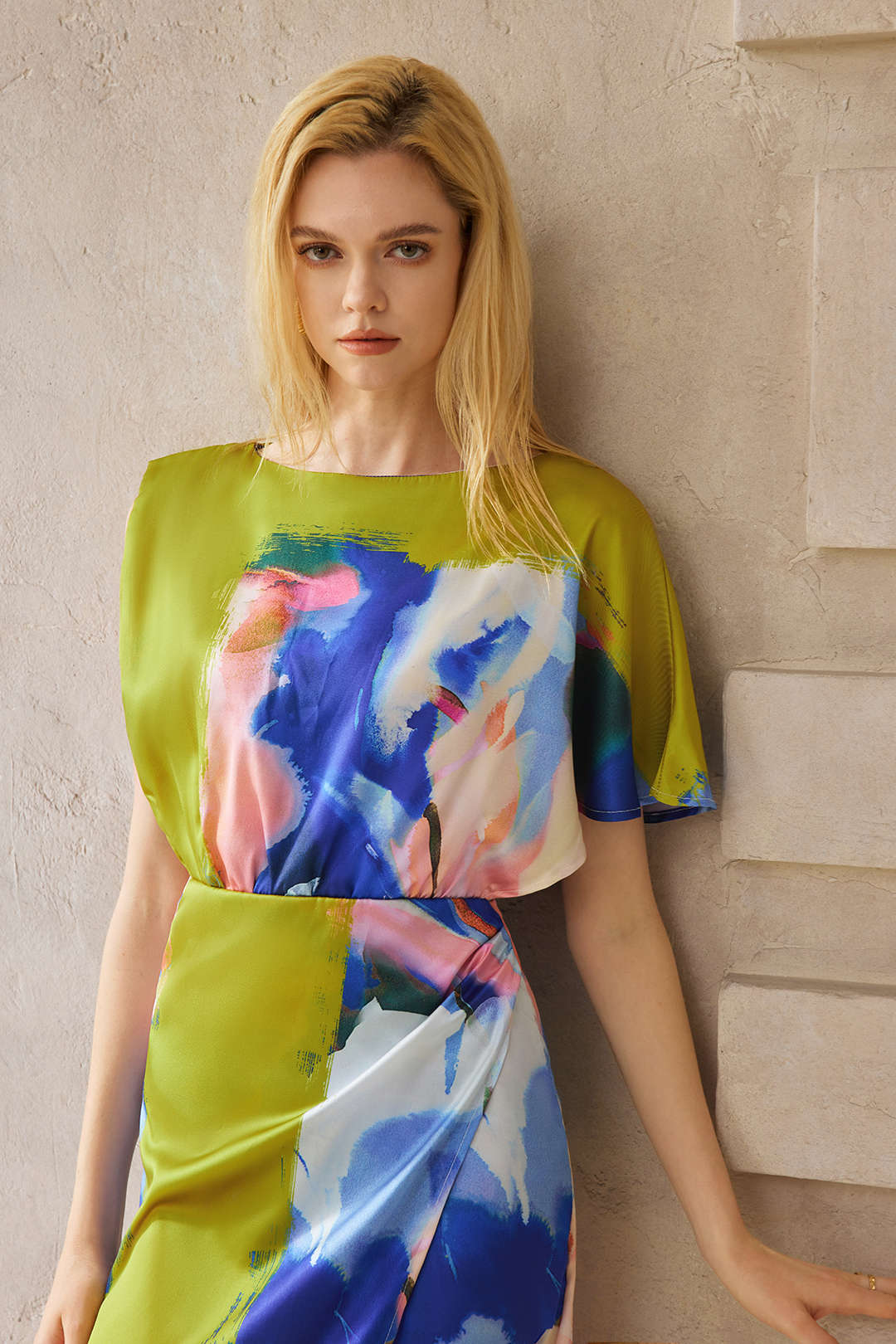 Abstract Print Satin Asymmetrical Short-Sleeve Maxi Dress - Image 7