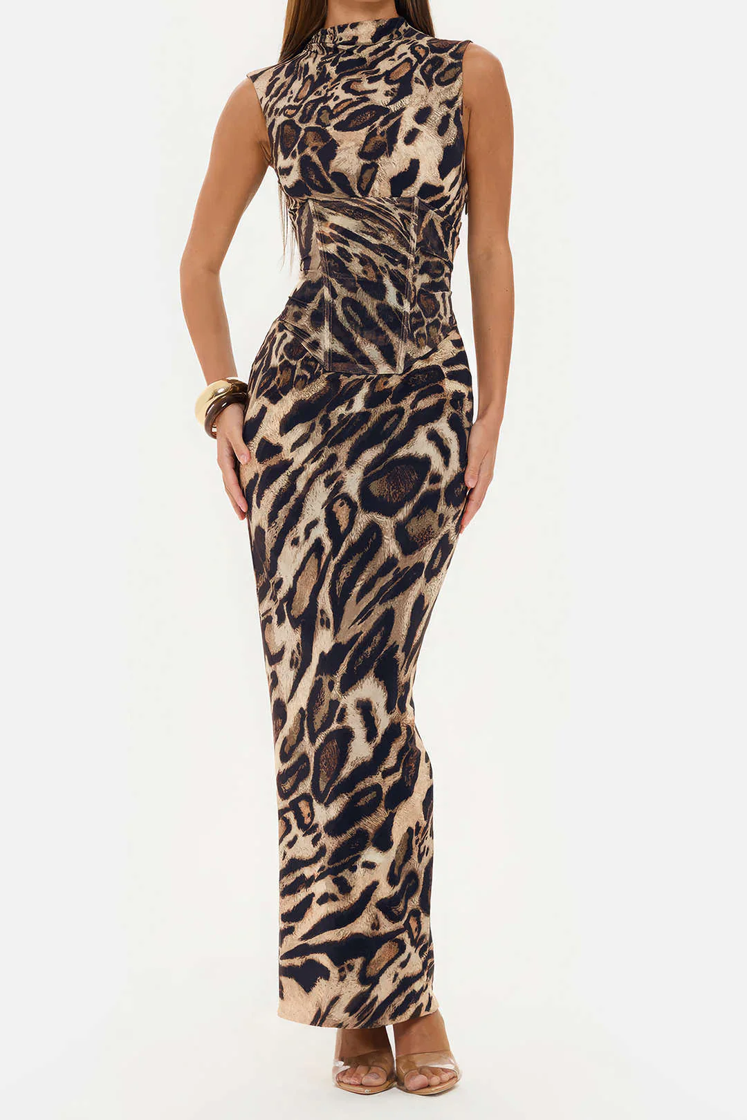 Leopard Print Mock Neck Tie Back Corset Sleeveless Maxi Dress