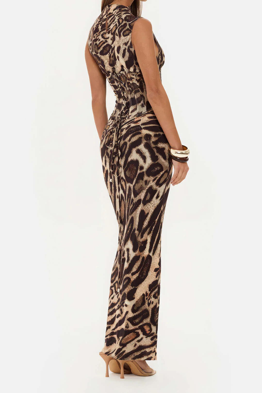 Leopard Print Mock Neck Tie Back Corset Sleeveless Maxi Dress - Image 3