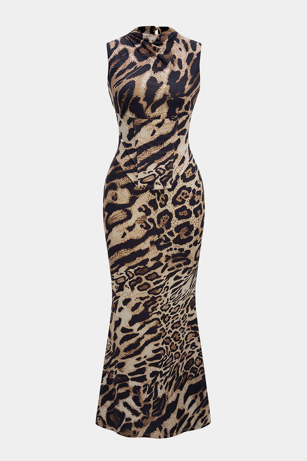 Leopard Print Mock Neck Tie Back Corset Sleeveless Maxi Dress - Image 4