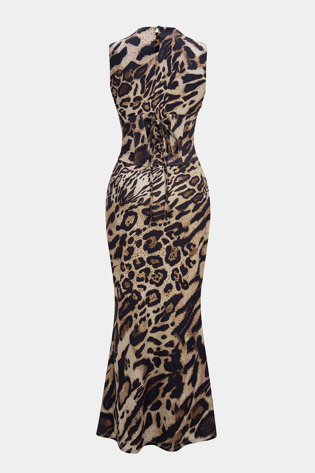 Leopard Print Mock Neck Tie Back Corset Sleeveless Maxi Dress - Image 5