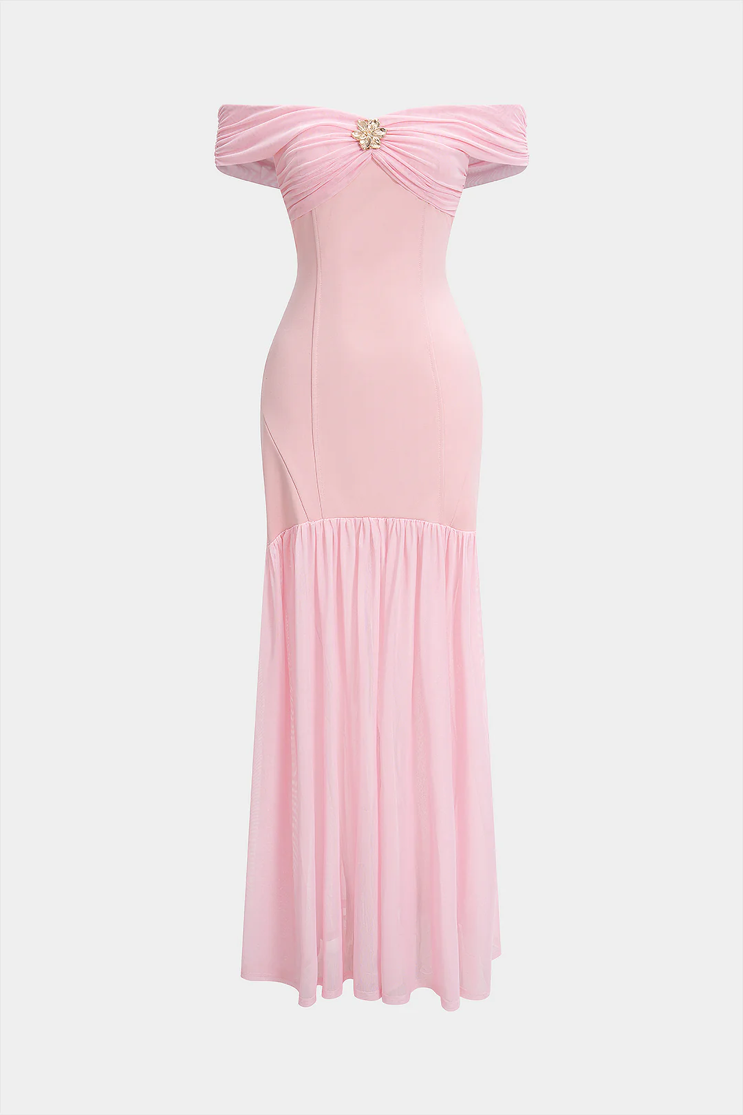 Ruched Metallic Decor Patchwork Off Shoulder Strapless Maxi Dress