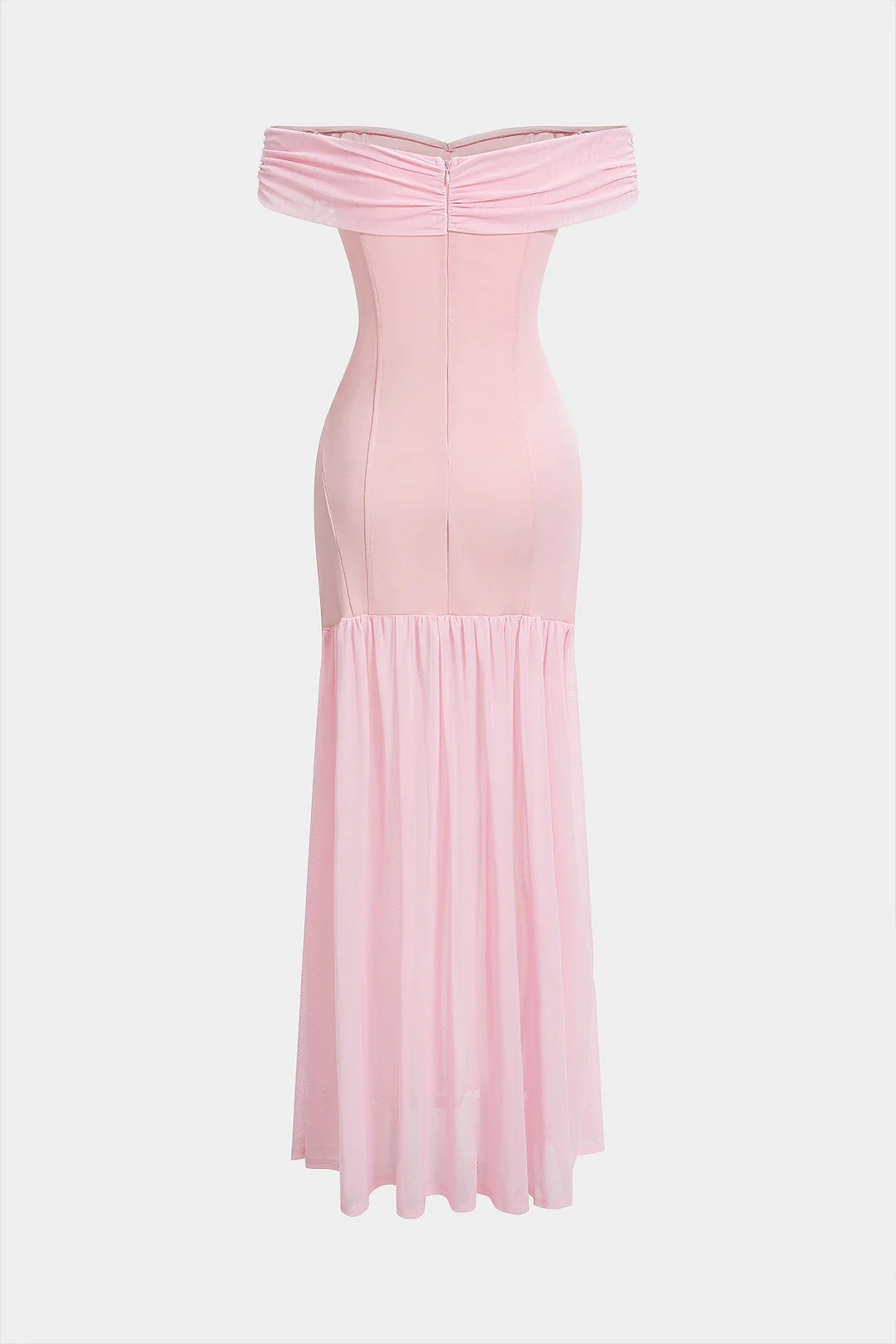 Ruched Metallic Decor Patchwork Off Shoulder Strapless Maxi Dress - Image 2