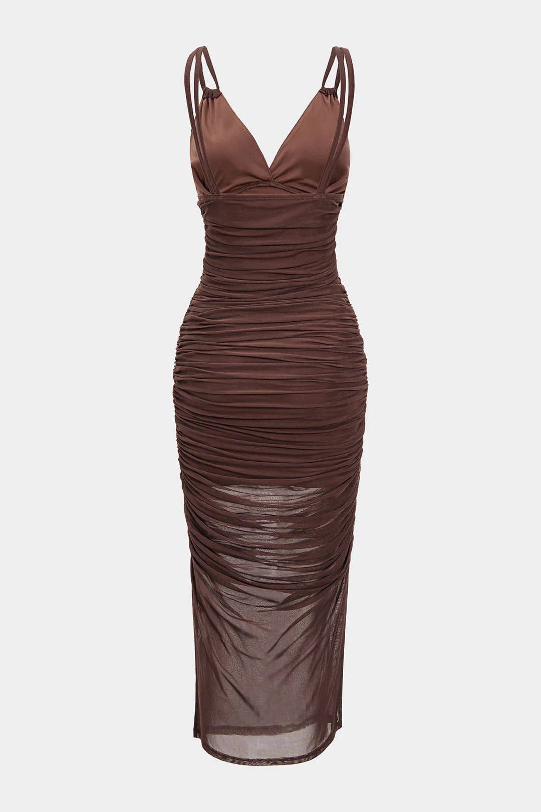 Mesh Ruched Slip V-Neck Sleeveless Maxi Dress - Image 2