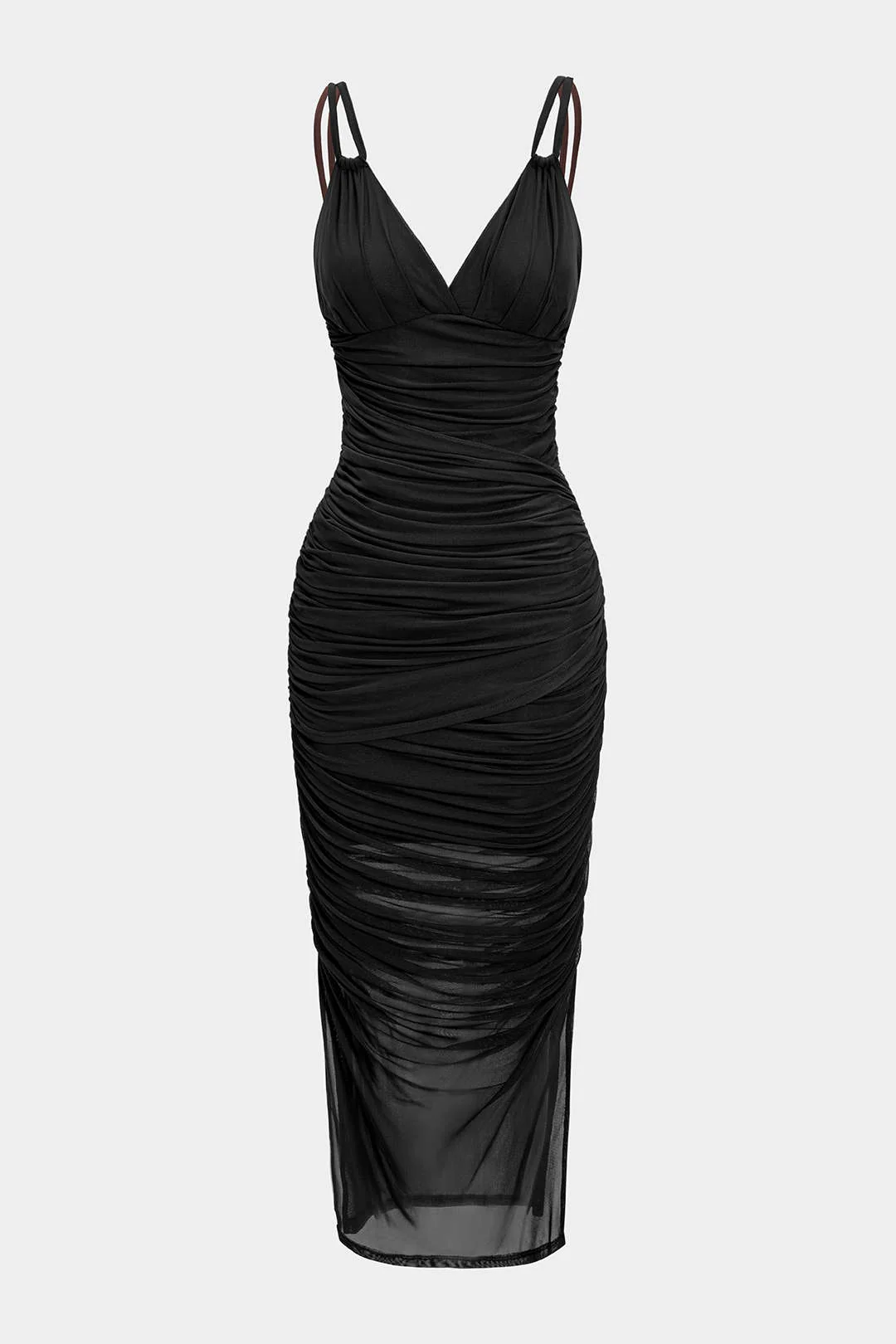 Mesh Ruched Slip V-Neck Sleeveless Maxi Dress - Image 5