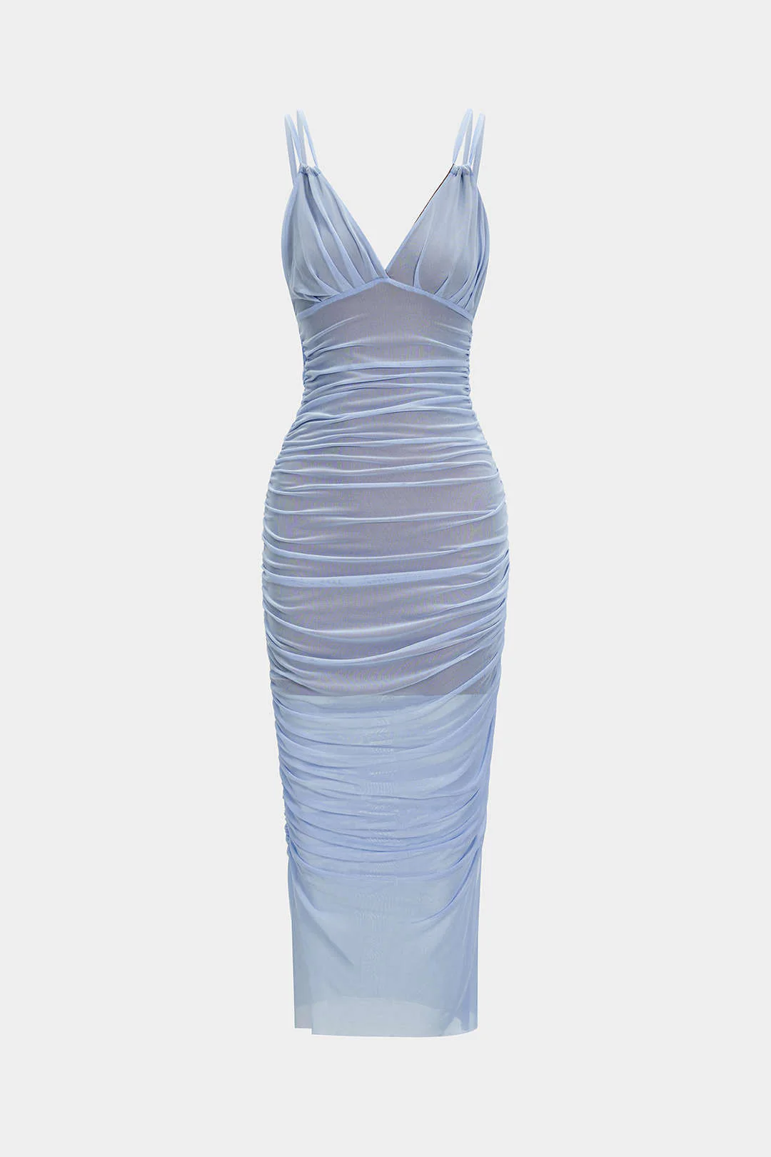 Mesh Ruched Slip V-Neck Sleeveless Maxi Dress - Image 6