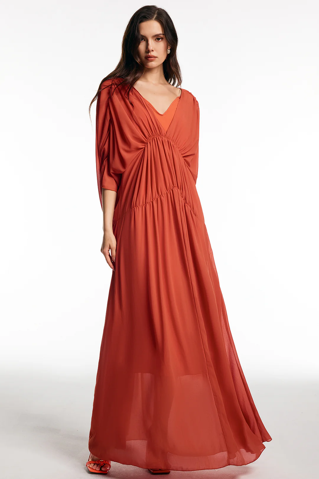 Chiffon V-Neck Ruched Short Sleeve Maxi Dress