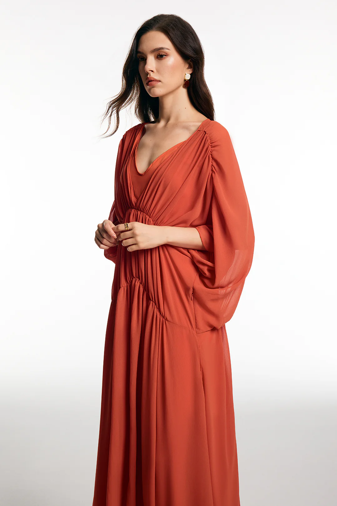 Chiffon V-Neck Ruched Short Sleeve Maxi Dress - Image 2