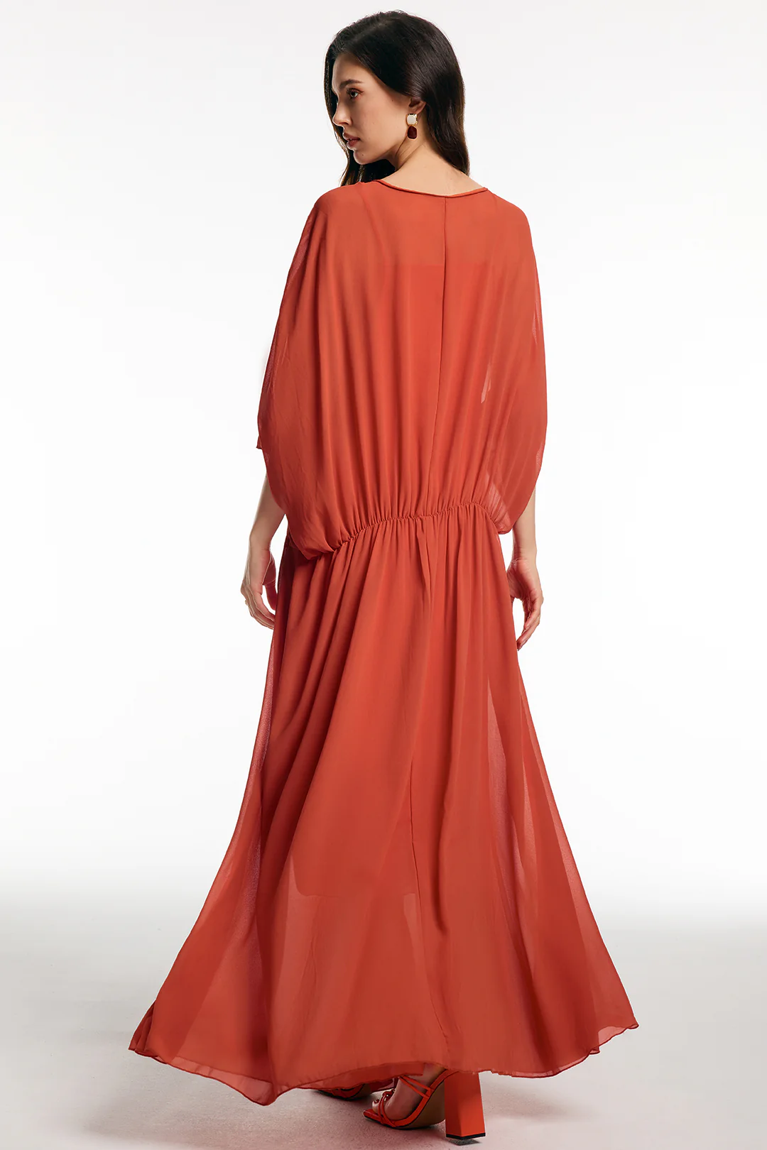 Chiffon V-Neck Ruched Short Sleeve Maxi Dress - Image 3