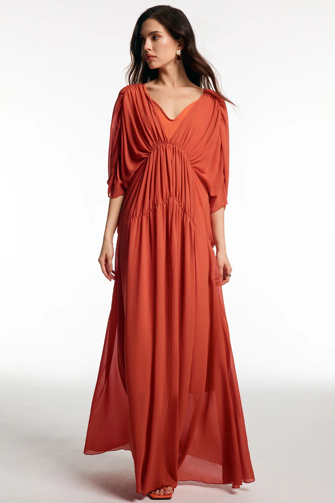 Chiffon V-Neck Ruched Short Sleeve Maxi Dress - Image 5