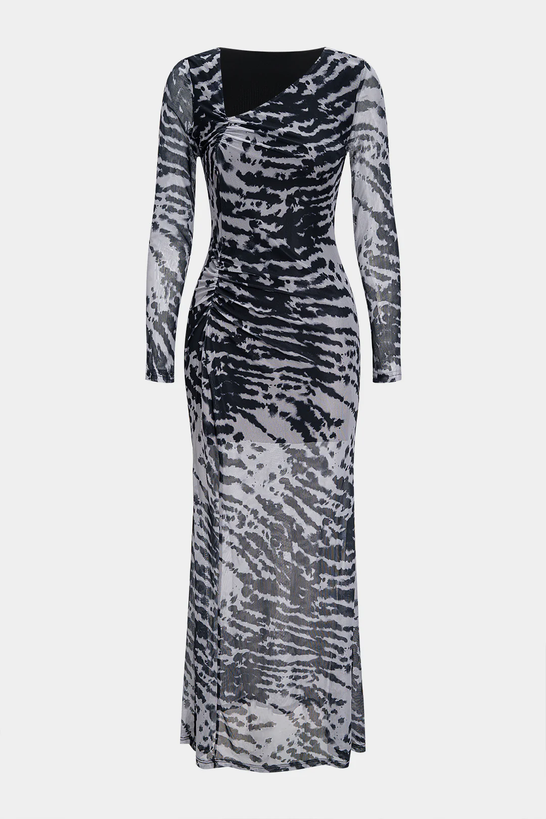 Contrast Print Mesh Ruched Long Sleeve Maxi Dress
